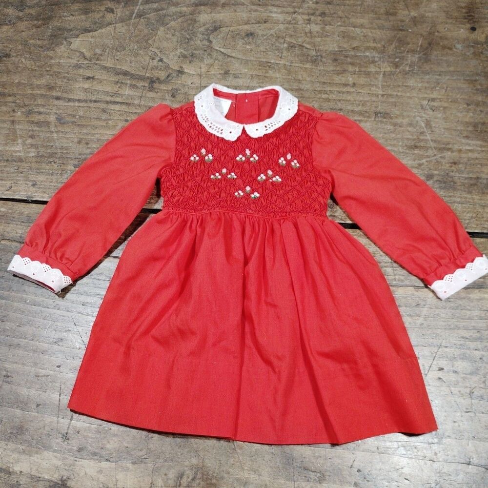 Vintage 1980s Polly Flinders Girls Red Smocked Christmas Dress Size 3 Holiday